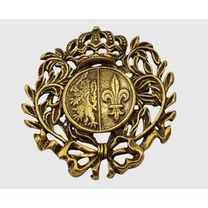 Vintage Heraldic Lion Fleur De Lis Crown Brooch Gold Tone